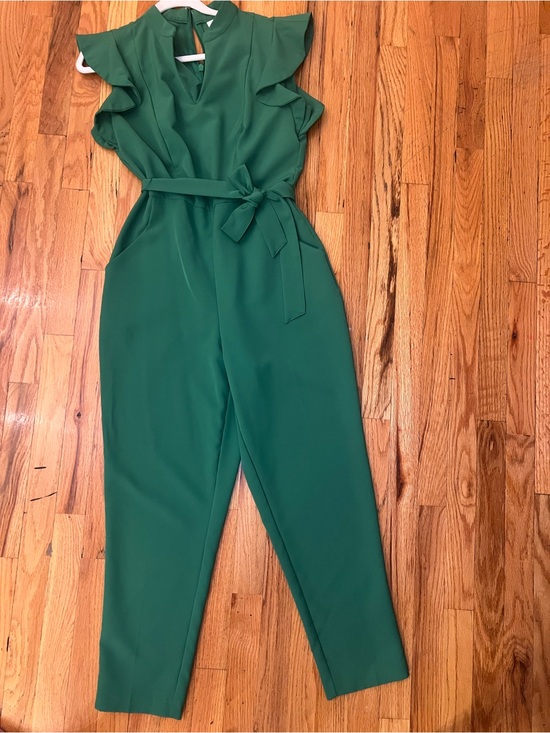 New York & Company Pants - New York & Company Emerald Green Ruffle-Sleeve Belted Jumpsuit